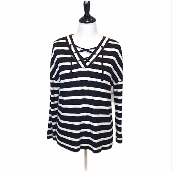 Sunday long sleeve V neck lace up black with white stripes sweater top - Picture 1 of 8